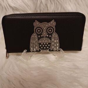 Black Rhinestone Owl Embellished Women's Accordion Wallet